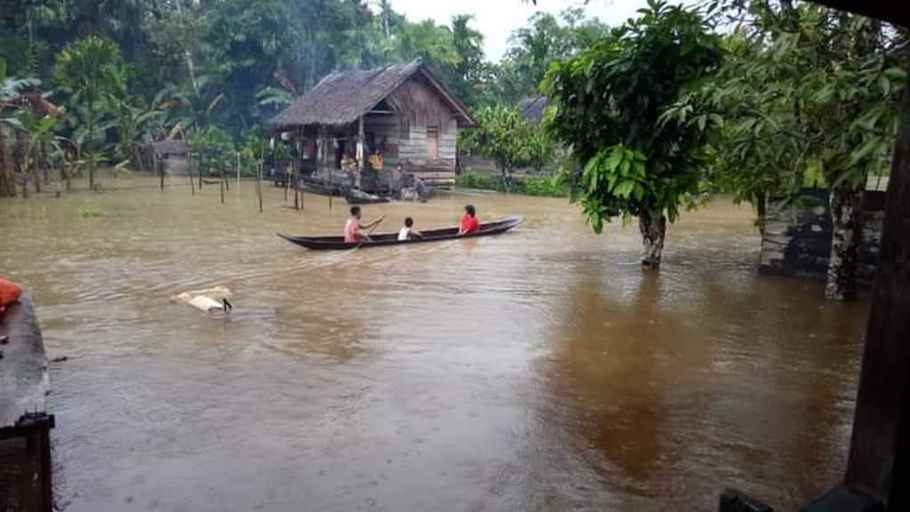Warga bersampan melewati banjir yang menggenangi Desa Sigapokna, Kecamatan Siberut Barat, Kepulauan Mentawai, Sumatera Barat, Minggu (13/11/2022). Ada sekitar 169 keluarga terdampak banjir di dua dusun di desa ini.