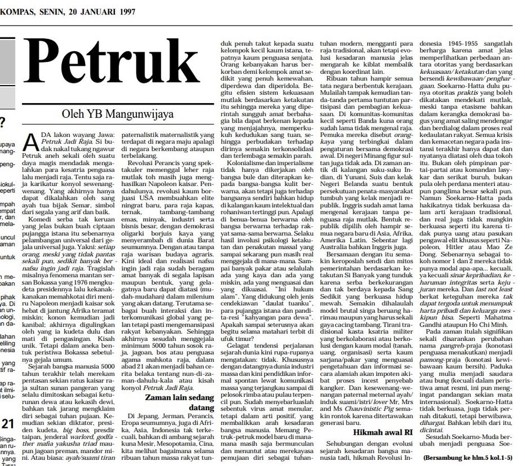 Arsip artikel YB Mangunwijaya, "Petruk" (<i>Kompas</i>, 20 Januari 1997) 