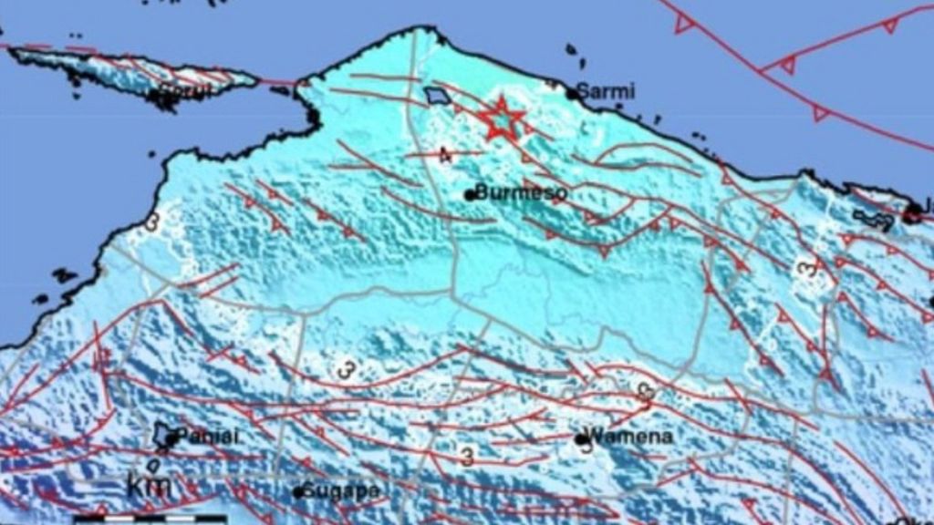 Lokasi pusat gempa bumi di Kabupaten Mamberamo Raya, Papua, Sabtu (10/9/2022).