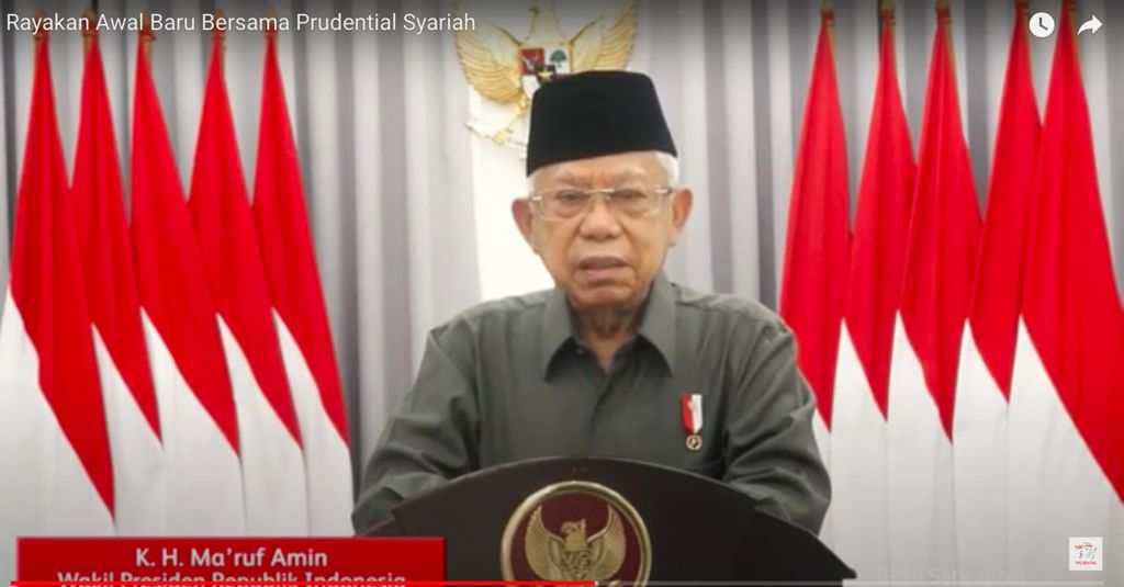  Wakil Presiden Ma'ruf Amin ketika memberikan sambutan dalam acara peluncuran PT Prudential Sharia Life Assurance (Prudential Syariah) melalui konferensi video di Jakarta, Selasa (5/4/2022).