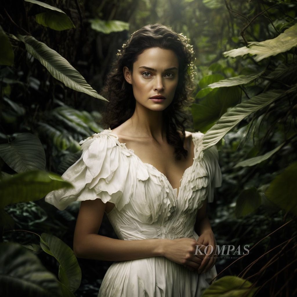 Visual dari Midjourney dengan perintah ”<i>goodlooking woman wear white gown photograph with high key lighting in the jungle</i>”<i>.</i>