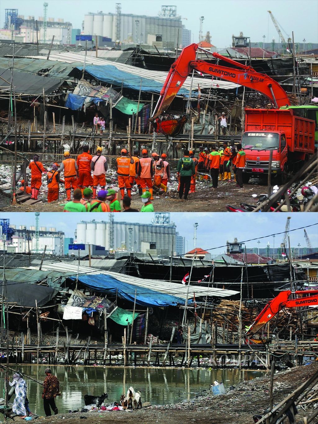 Perbandingan kondisi lahan yang menjadi target lokasi gerebek sampah di RW 04 Kalbaru, Cilincing, Jakarta Utara. Foto atas diambil pada Kamis (24/2/2022). Foto bawah dipotret pada Minggu (6/3/2022).