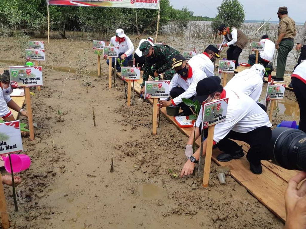 Sejumlah pejabat dari Pemerintah Provinsi Sumatera Selatan dan Kementerian Lingkungan Hidup dan Kehutanan menanam tanaman bakau di kawasan Pelabuhan Tanjung Api-api, Kabupaten Banyuasin, Sumatera Selatan, Senin (3/8/2020). Sekitar 20 persen dari 158.000 hektar lahan mangrove di Sumsel dalam keadaan kritis.