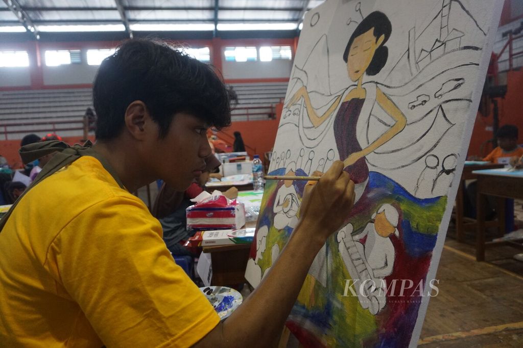 Pelajar SLB melukis penari lengger dalam Lomba FLS2N, LKSN, dan O2SN Sekolah Luar Biasa Cabang Dinas Pendidikan Wilayah X di GOR Satria, Purwokerto, Banyumas, Jawa Tengah, Selasa (30/4/2024).