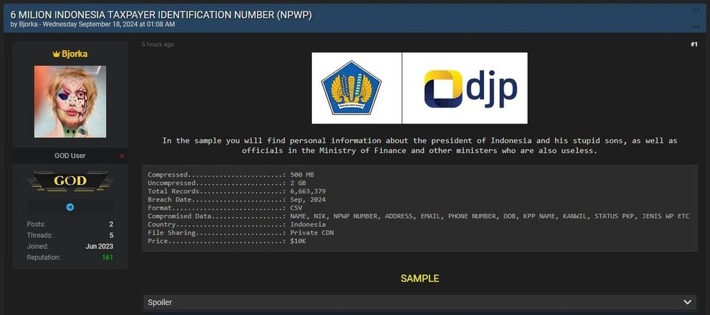 Tangkapan layar 6 juta data pajak yang dibocorkan dan diperjualbelikan di situs <i>open source </i>oleh peretas dengan identitas Bjorka. Data pajak yang dibocorkan termasuk milik Presiden Jokowi, kedua putranya, dan para pejabat tinggi negara.