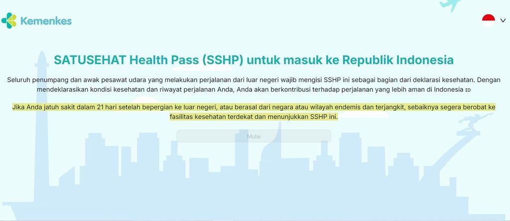 Halaman utama situs web Satu Sehat Health Pass yang digunakan untuk memeriksa para pelaku perjalanan internasional yang diakses Rabu (28/8/2024). Meski telah resmi diaktifkan kembali, aplikasi dan situs kesehatan ini belum aktif.