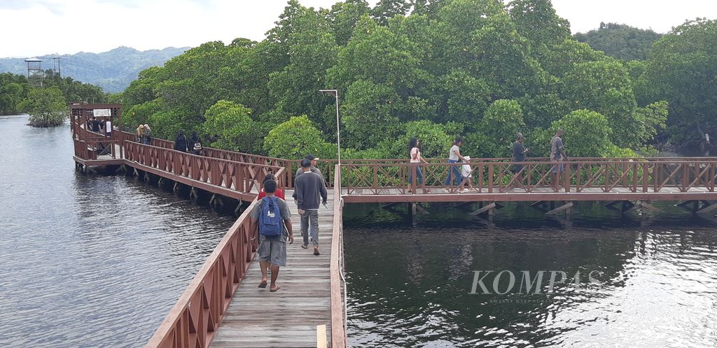 Fasilitas jembatan kayu yang mengelilingi salah satu kawasan hutan bakau di Teluk Numbay, Kota Jayapura, Papua, Minggu (5/3/2023).