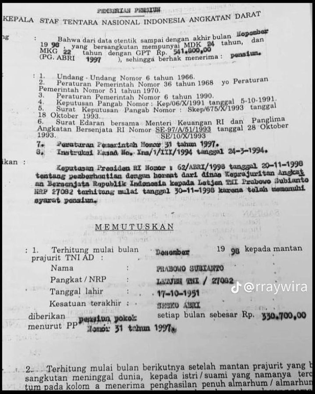 Surat KSAD tentang pensiun Letjen Prabowo Subianto.