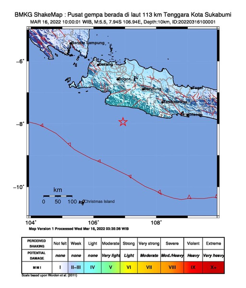 Data BMKG terkait lokasi gempa bumi di selatan Jawa Barat, Rabu (16/3/2022). Gempa terjadi di lepas pantai, tepatnya 113 kilometer tenggara Sukabum.