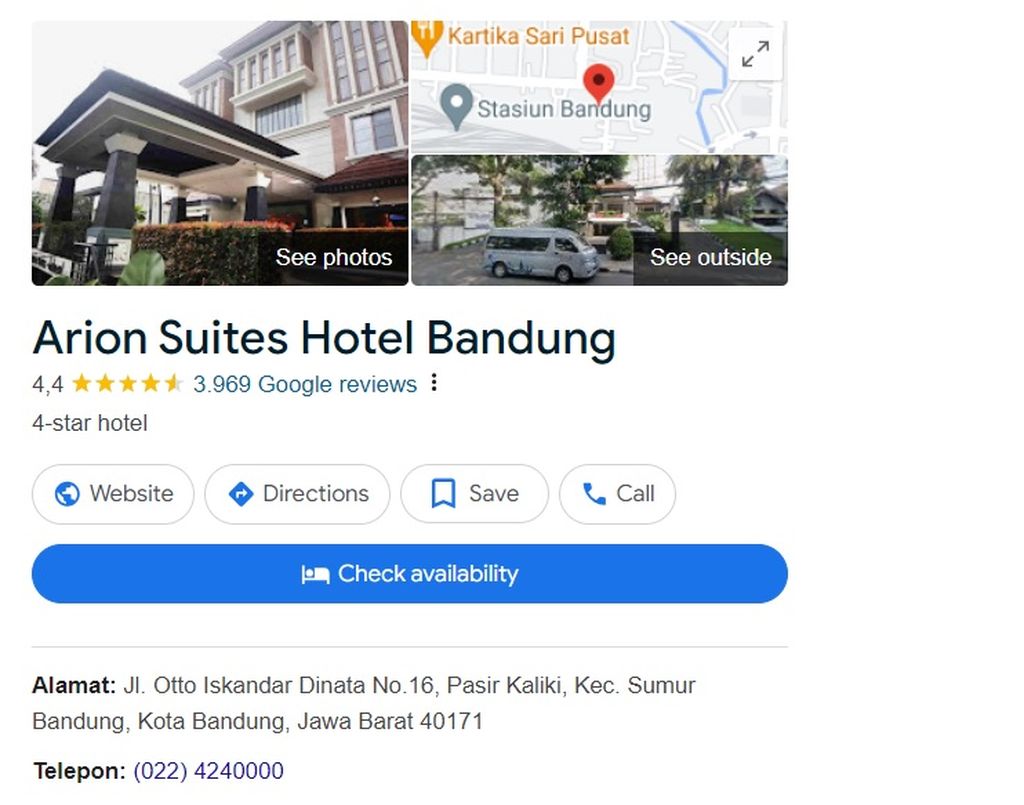 Tampilan profil bisnis akun Arion Suites Hotel Bandung di Google. Tangkapan layar ini merupakan bentuk hasil pencarian hotel yang kerap dimanfaatkan penipu untuk mengubah alamat dan nomor telepon sehingga konsumen akan terjebak untuk melakukan transaksi di luar kontak resmi.