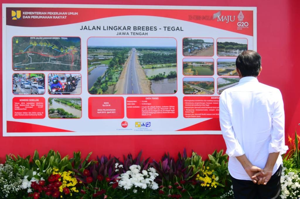 Presiden Jokowi ketika meresmikan Jalan Lingkar Brebes-Tegal di Jembatan Kaligangsa, Kabupaten Brebes, Provinsi Jawa Tengah, pada Rabu (13/4/2022). Kehadiran jalan lingkar sepanjang 17,4 kilometer tersebut akan melengkapi struktur jaringan jalan nasional di wilayah pantura dan melengkapi jaringan jalan tol Trans-Jawa.