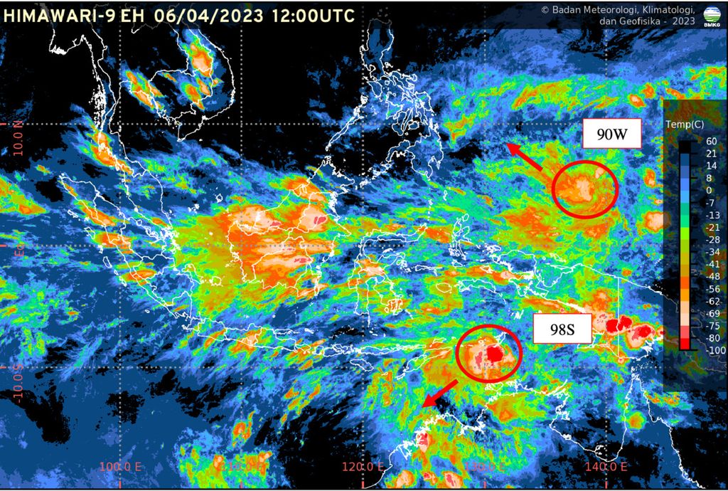 Keberadaan dua bibit siklon tropis berdasarkan citra satelit pada 6 April 2023 pukul 19.00 WIB. 
