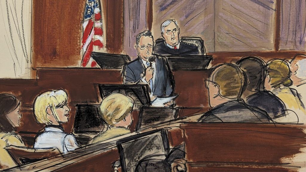 Gambar sketsa memperlihatkan Hakim Lewis Kaplan memimpin sidang mendengarkan juri yang mengonfirmasi putusan mereka di Pengadilan Federal Manhattan di New York, Amerika Serikat, Jumat (26/1/2024), atas kasus pencemaran nama baik oleh mantan Presiden Donald Trump terhadap kolumnis E Jean Carroll.