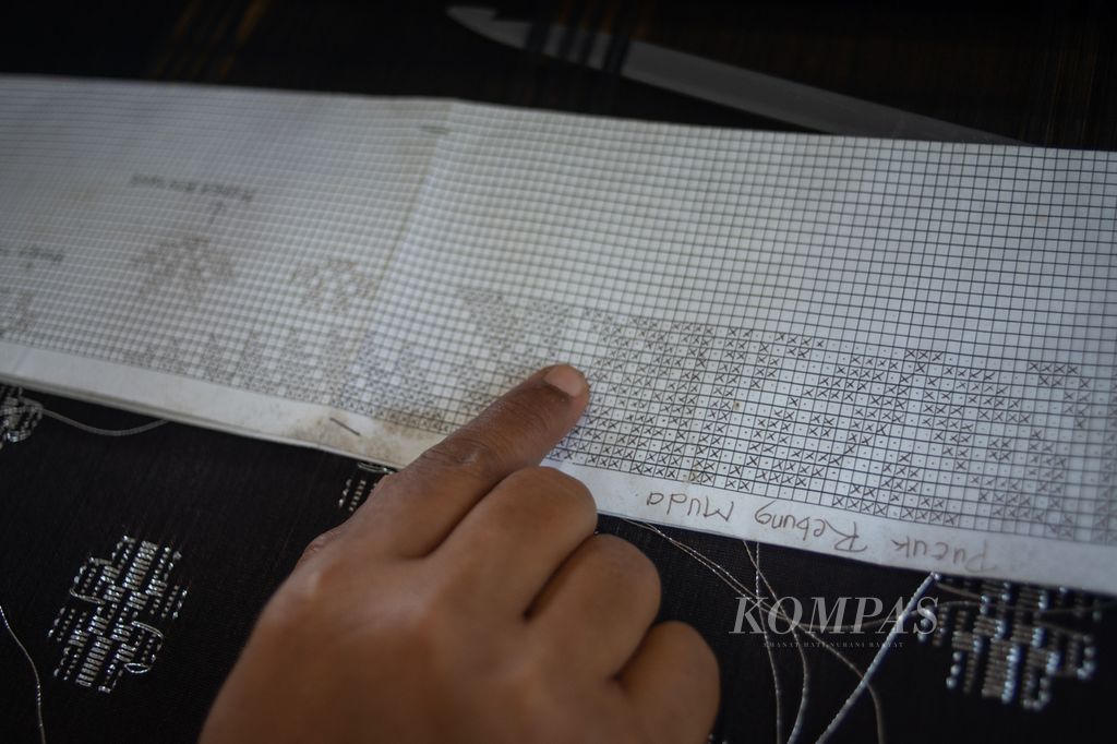 Suhana menunjukkan rancangan pola tenun yang dibuat warga di Pulau Ngenang, Kota Batam, Kepulauan Riau, Kamis (14/12/2023).