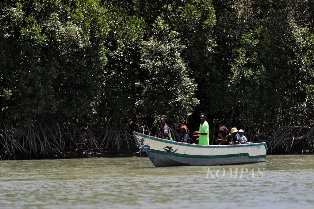 Warga suku Kamoro memancing ikan yang berada di dalam hutan mangrove di kawasan Muara Sungai Ajkwa, Mimika, Papua, Jumat (18/3/2022). 