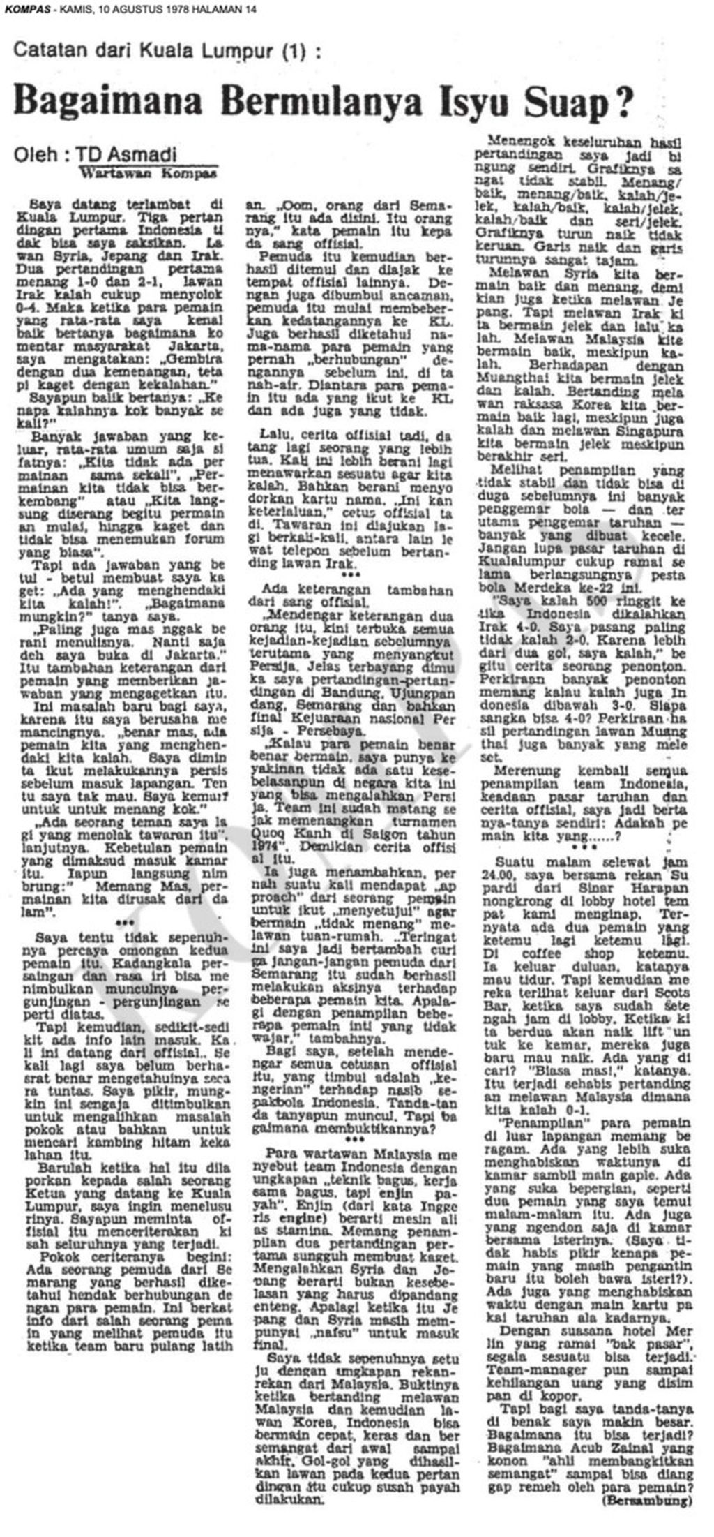 Berita <i>Kompas</i> tentang dugaan kasus suap yang mengemuka pada kekalahan Indonesia dari Irak di Merdeka Games 1978.