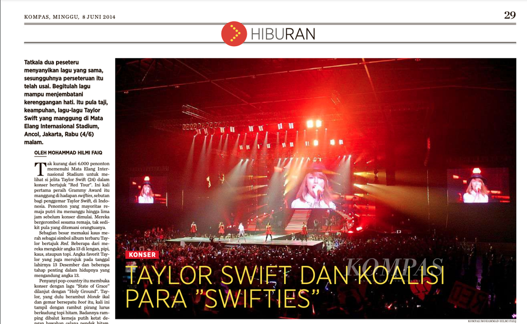 Tangkapan layar hasil liputan harian <i>Kompas </i>tentang konser Taylor Swift di Mata Elang Internasional Stadium, Ancol, Jakarta, Rabu (4/6/2014) malam, dan dimuat pada Minggu (8/6/2014). 