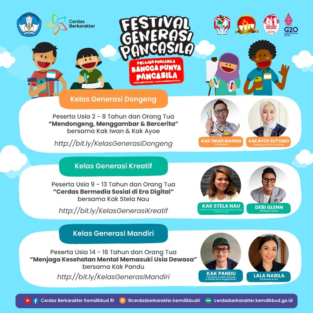 Pelajar dan orangtua diajak untuk mengikuti berbagai kegiatan daring di acara Festival Generasi Pancasila yang digelar pada 5 Juli 2022. Acara yang digelar Kemendikbudristek ini untuk menyosialisasikan nilai-nilai Pancasila secara menarik kepada generasi muda dan keluarga. 