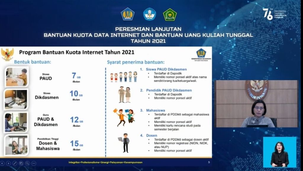 Menteri Keuangan Sri Mulyani Indrawati mengumumkan pemerintah melanjutkan bantuan kuta internet bagi siswa, mahasiswa, guru, dan dosen, serta uang kuliah tunggal bagi mahasiswa, Rabu (4/8/2021). 