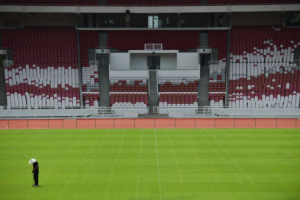 Seorang pekerja mengecek rumput di lapangan Stadion Utama Gelora Bung Karno, Jakarta, Kamis (6/4/2023). Stadion Utama GBK menurut rencana akan dipakai untuk laga uji coba Indonesia versus Argentina pada 19 Juni 2023. 