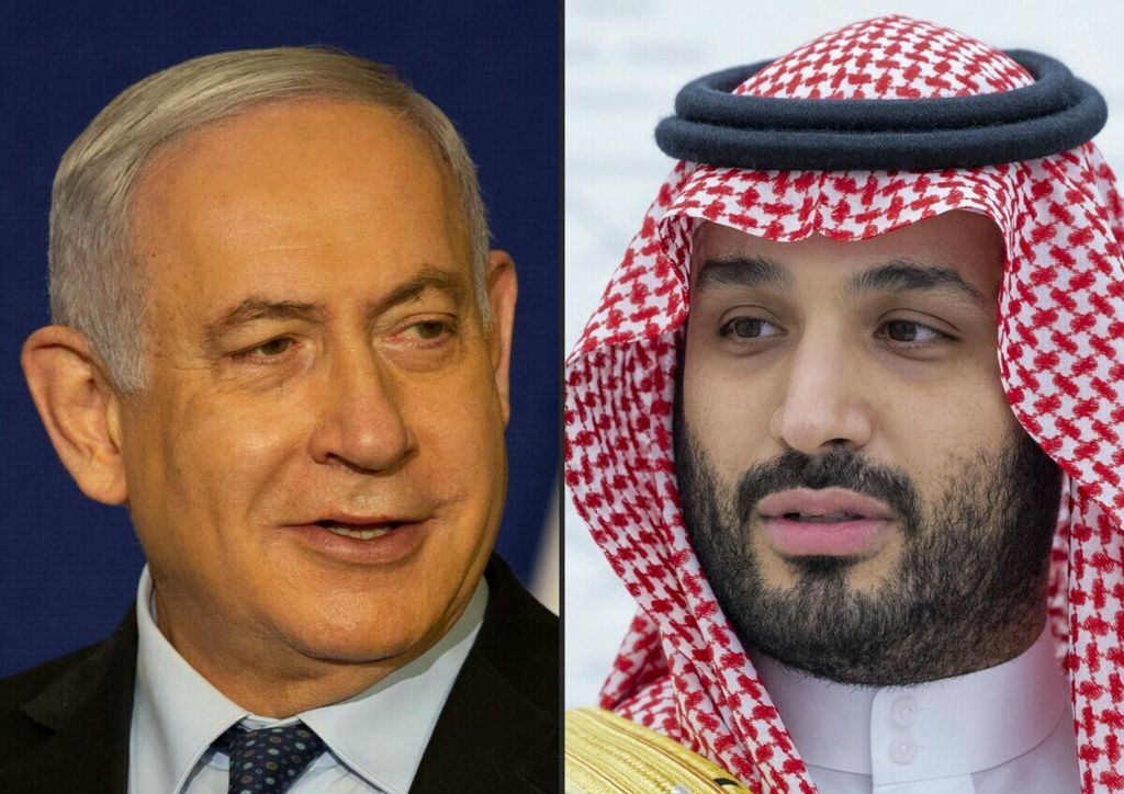 Gabungan foto yang dibuat pada 23 November 2020 ini memperlihatkan PM Israel Benjamin Netanyahu dan Putra Mahkota Arab Saudi Mohammed bin Salman. Netanyahu memimpikan, Israel bisa menjalin hubungan diplomatik dengan Arab Saudi.