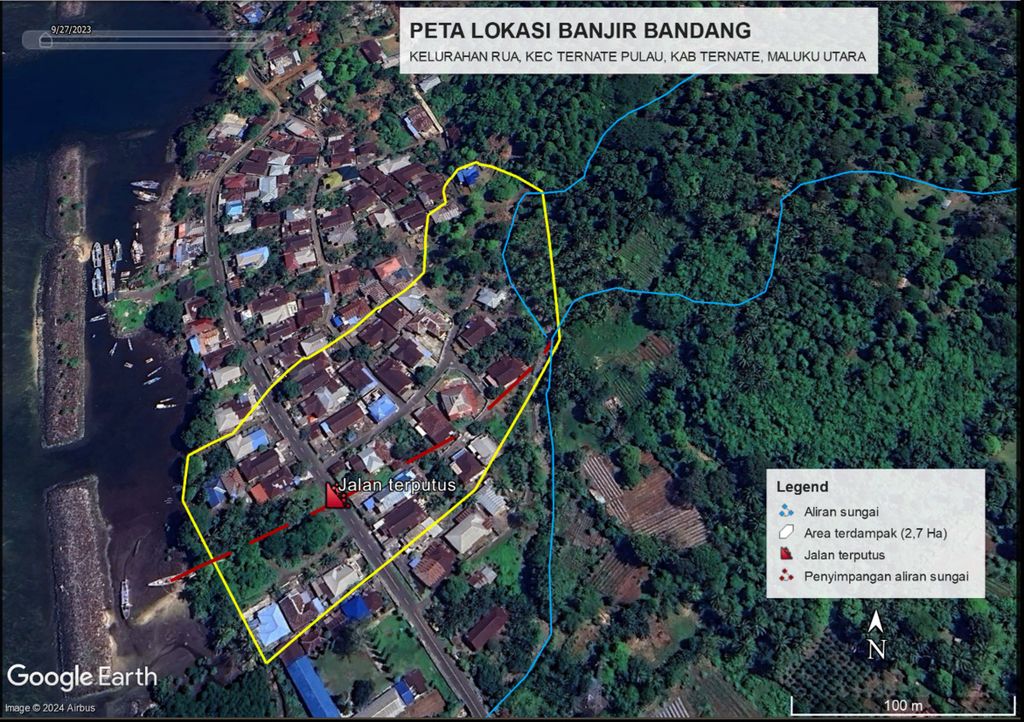 Peta lokasi banjir bandang di Kelurahan Rua, Kecamatan Pulau Ternate, Ternate, Maluku Utara.