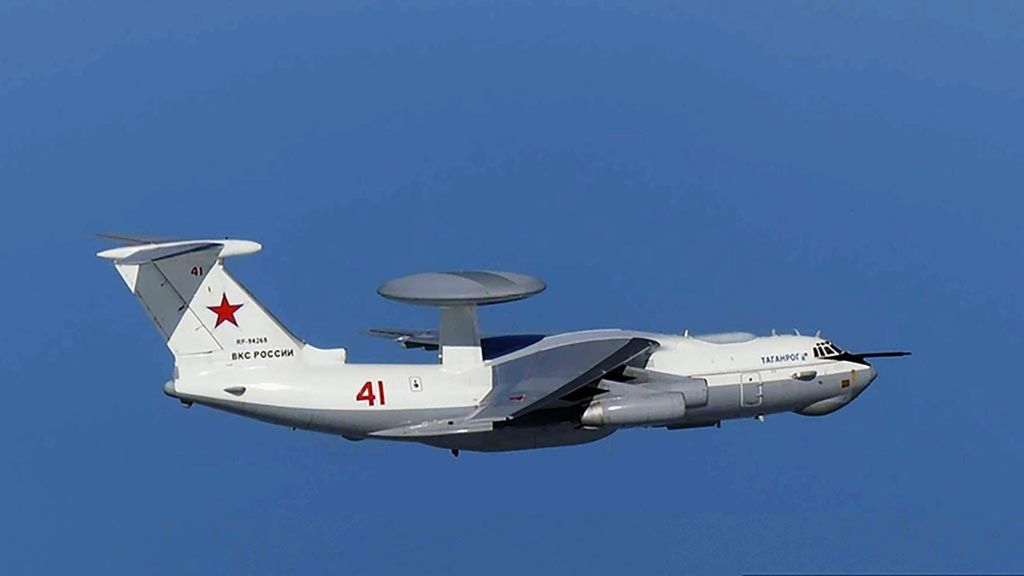 The photo released by the Japanese Ministry of Defense shows a Russian early warning aircraft, A-50, flying over an island controlled by South Korea on Tuesday (23/7/2019). The island is named Takeshima by Japanese authorities. Japan has lodged a protest against Russia for allegedly violating Japanese airspace.