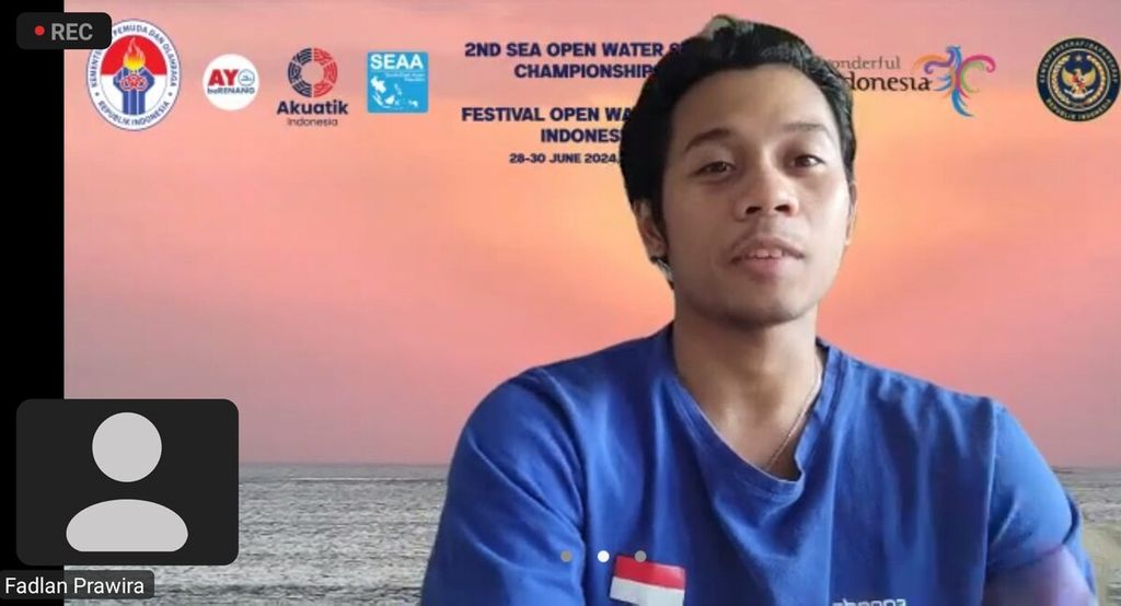 Perenang asal Jawa Barat, Aflah Fadlan Prawira, ketika mengikuti konferensi pers tentang 2nd Southeast Asia Open Water Swimming Championship dan Festival OWS 2024 secara daring, Selasa (25/6/2024).