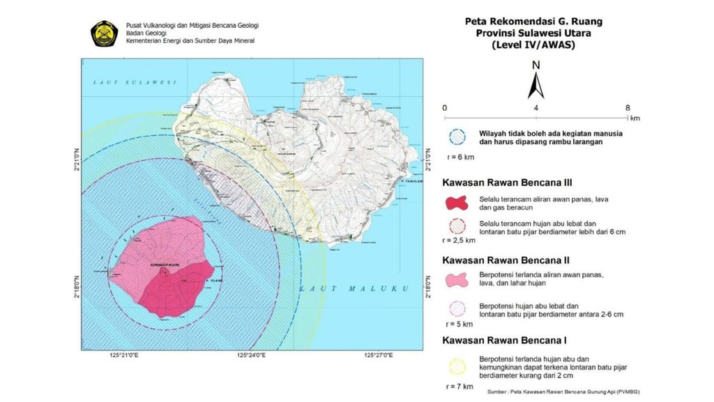 Screenshot of the Recommendation Map for Mount Ruang at Warning Level issued by the Center for Volcanology and Geological Disaster Mitigation, Wednesday (17/4/2024).