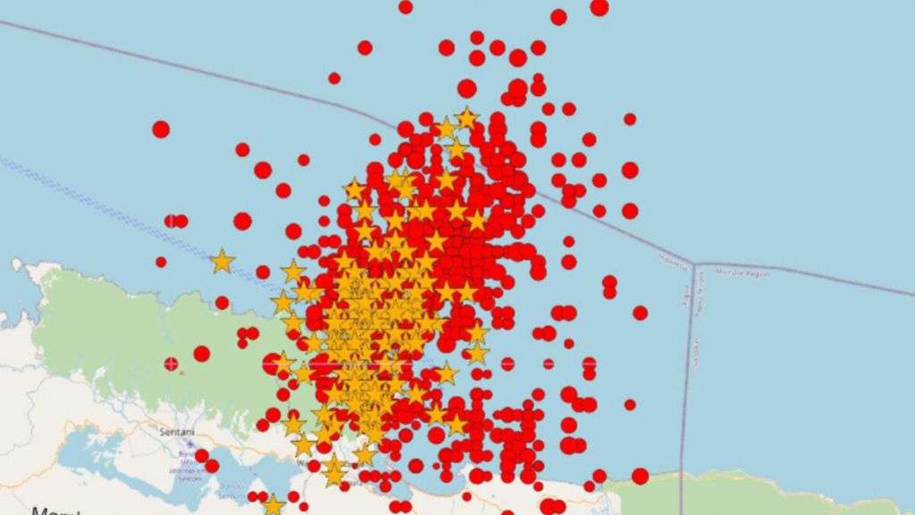 Infografik peristiwa gempa bumi dengan kedalaman dangkal di Kota Jayapura, Papua, sejak tanggal 2 hingga 11 Januari 2023 yang mencapai 1.174 kali.