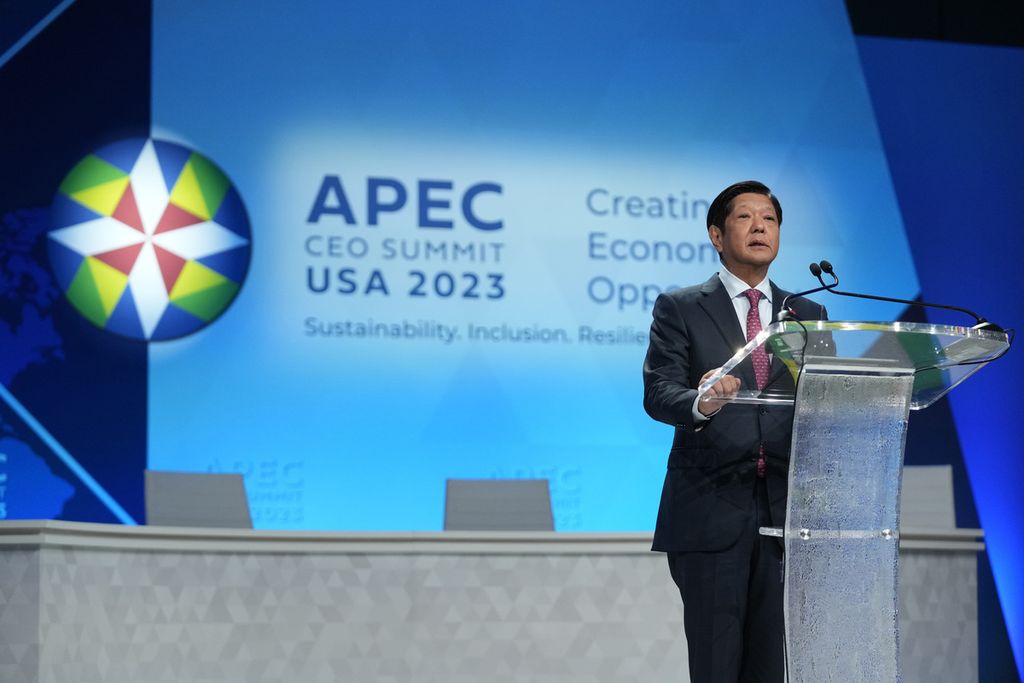 Presiden Filipina Ferdinand Marcos Jr dalam pertemuan puncak CEO APEC pada Rabu (15/11/2023) waktu setempat di San Francisco, AS. 