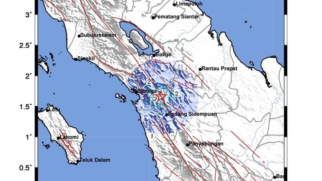 Peta gempa bumi menunjukkan gempa berkekuatan M 4,2 mengguncang wilayah Pinangsori, Kabupaten Tapanuli Tengah, dan Kota Sibolga, Kamis (2/6/2022) pukul 07.26. Gempa disebabkan aktivitas Sesar Sumatera Segmen Toru. 