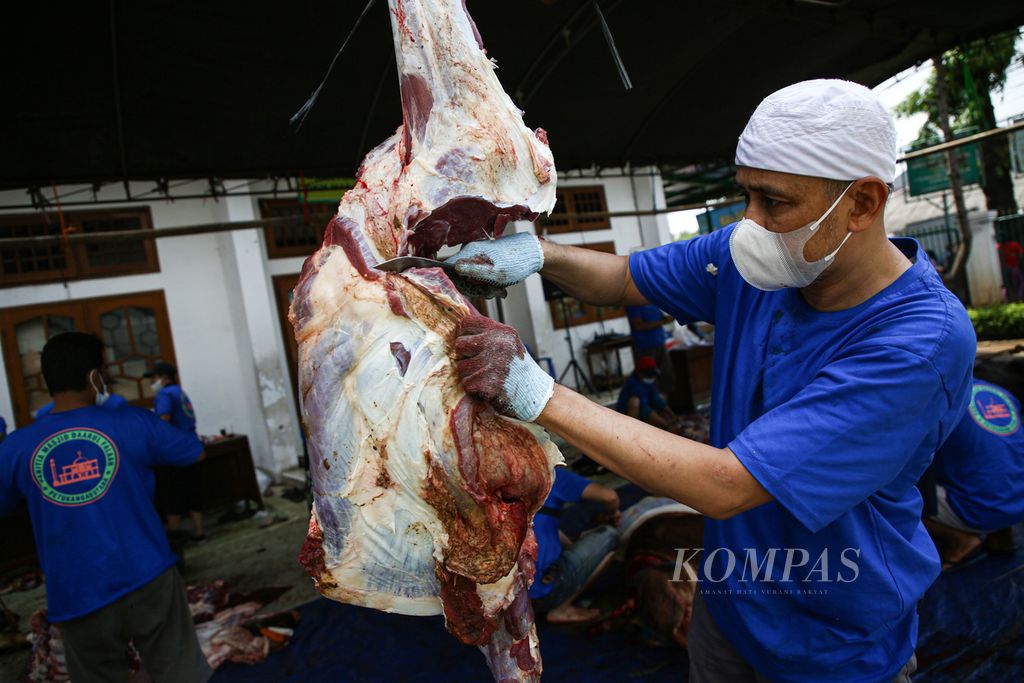 Aktivitas panitia kurban di halaman masjid jami Daarul Falaah, Pesanggrahan, Jakarta Selatan, Selasa (22/7/2021). Masjid tersebut memotong 11 ekor sapi dan 16 ekor kambing yang akan dibagikan kepada warga sekitar di wilayah Petukangan Utara, Jakarta Selatan.