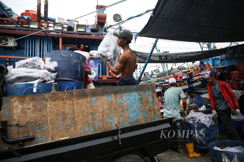 Pekerja memuat ikan cakalangg yang telah ditimbang ke mobil pengangkut di Pelabuhan Perikanan Samudera Nizam Zachman, Jakarta Utara, Minggu (10/12/2023). Pasar perikanan di Indonesia sangat signifikan dari segi konsumsi domestik dan ekspor. 