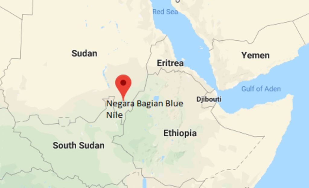 Peta lokasi Sudan Selatan dan Negara Bagian Blue Nile, Sudan.