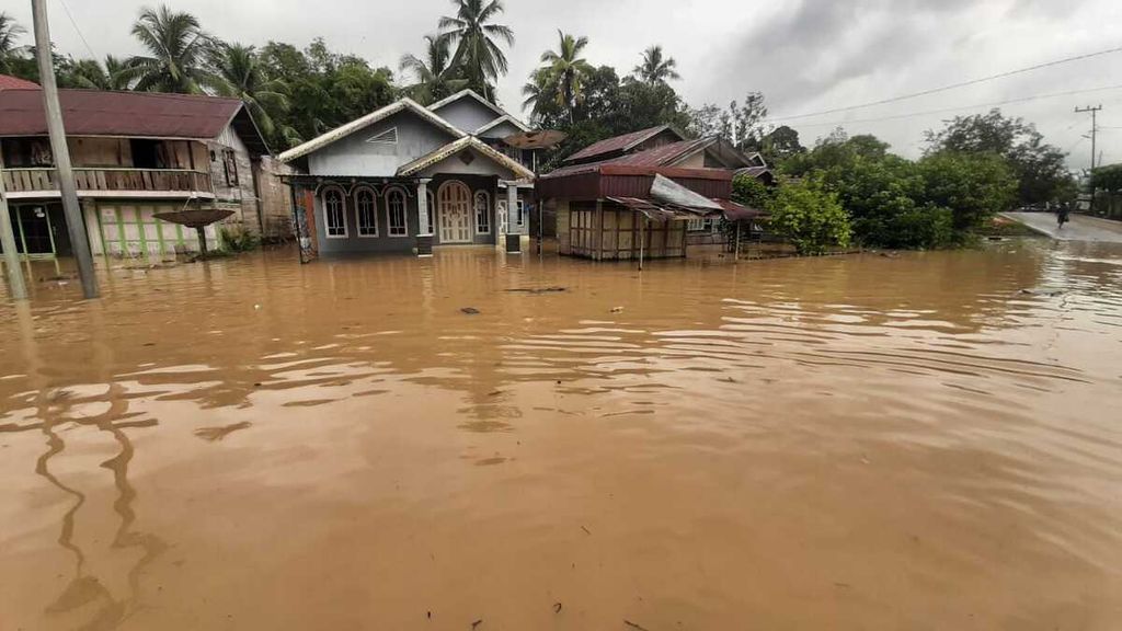 Kondisi banjir di Kecamatan Pengaron, Kabupaten Banjar, Kalimantan Selatan, Selasa (12/1/2021).