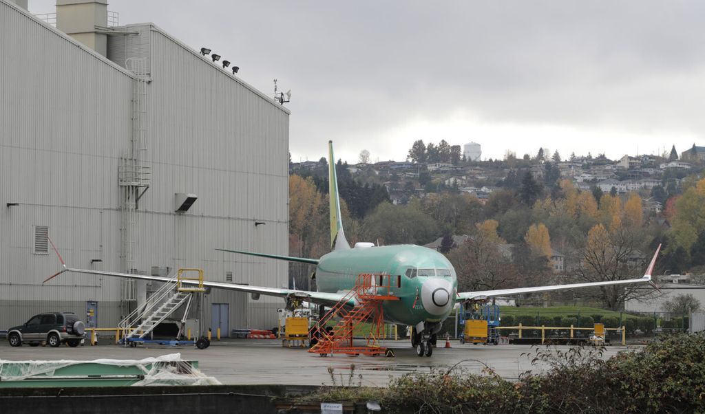 Pesawat Boeing 737 Max 8 di pabrik perakitan Boeing di Renton, Washington, Rabu (14/8/2018). 