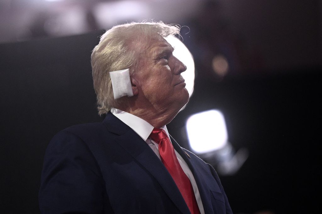 Bakal calon Presiden Amerika Serikat Donald Trump menghadiri Konvensi Nasional Partai Republik, Senin (15/7/2024), di Milwaukee, Wisconsin