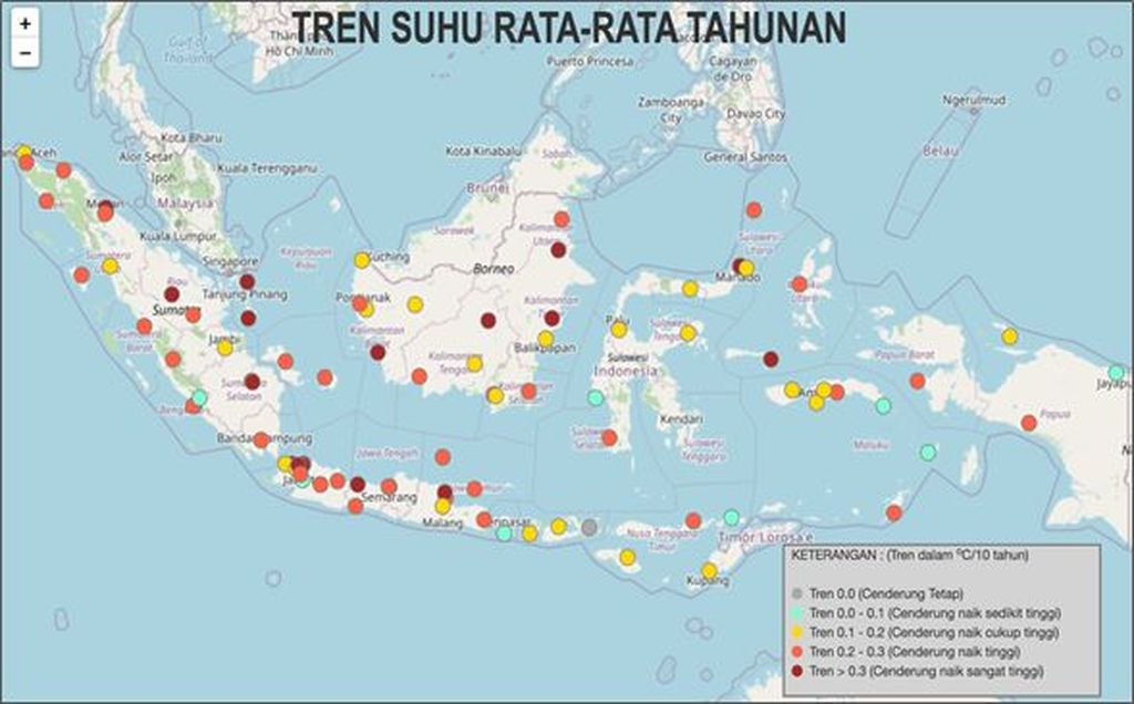 Tren kenaikan suhu di sejumlah daerah di Indonesia. Pulau Sumatera bagian timur, Pulau Jawa bagian utara, Kalimantan dan Sulawesi bagian utara mengalami tren kenaikan suhu udara permukaan di atas 0,3 derajat celsius per dekade. 