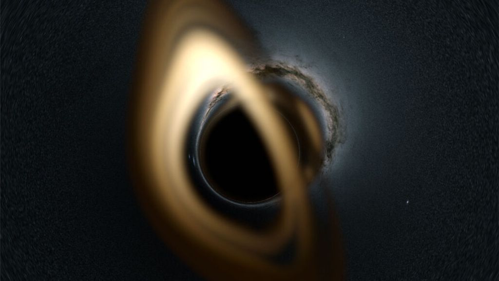 Ilustrasi angin bintang dari bintang seukuran Matahari yang menjadi pasangan lubang hitam Gaia BH1 membentuk piringan materi yang mengelilingi lubang hitam. Kini, Gaia BH1 menjadi lubang hitam terdekat dari Bumi yang berjarak hanya 1.560 tahun cahaya.
