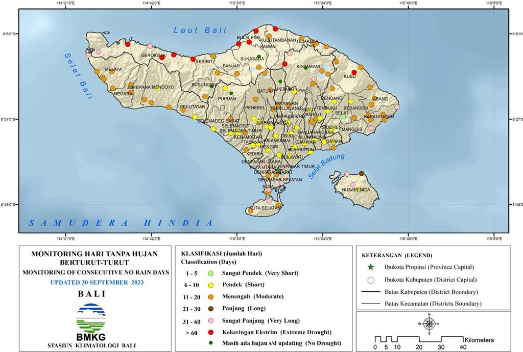 Dokumentasi BMKG tentang hasil pemantauan hari tanpa hujan berturut-turut di wilayah Bali dari BMKG Stasiun Klimatologi Jembrana, Bali, yang diperbarui pada 30 September 2023.
