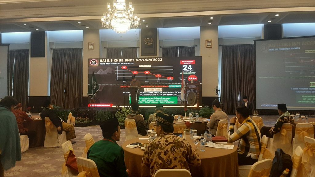 Kepala Badan Nasional Penanggulangan Terorisme (BNPT) Komisaris Jenderal Rycko Amelza Dahniel saat memaparkan materi pada acara Konsolidasi Kebangsaan di Jakarta, Jumat (8/9/2023)