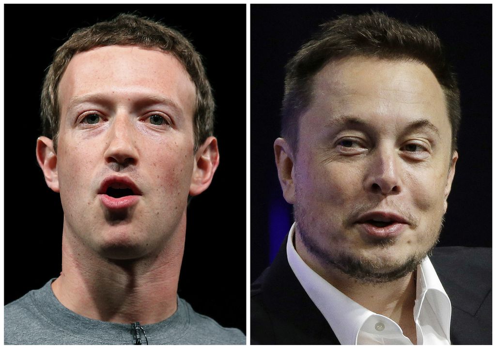 Arsip foto ini menunjukkan CEO Facebook Mark Zuckerberg (kiri) dan CEO Tesla dan SpaceX Elon Musk. Elon Musk mengatakan, potensi pertarungan langsungnya dengan Mark Zuckerberg akan disiarkan di situs media sosialnya, X. 