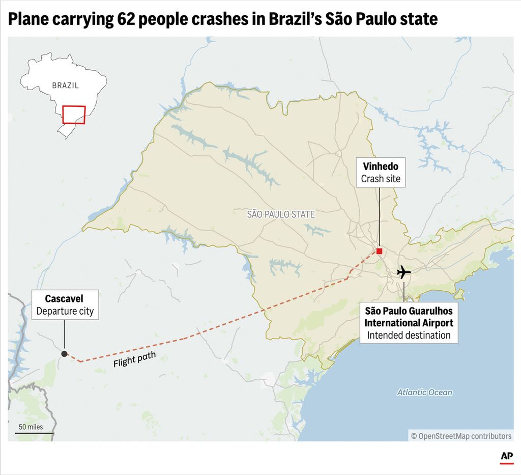 Lokasi kecelakaan pesawat ATR 72-500 di Brasil.