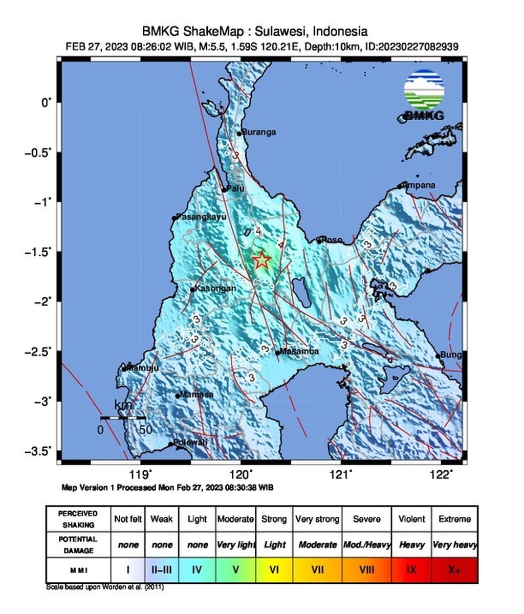 Sumber gempa M 5,5 di Sigi pada Senin (27/2/2023). 