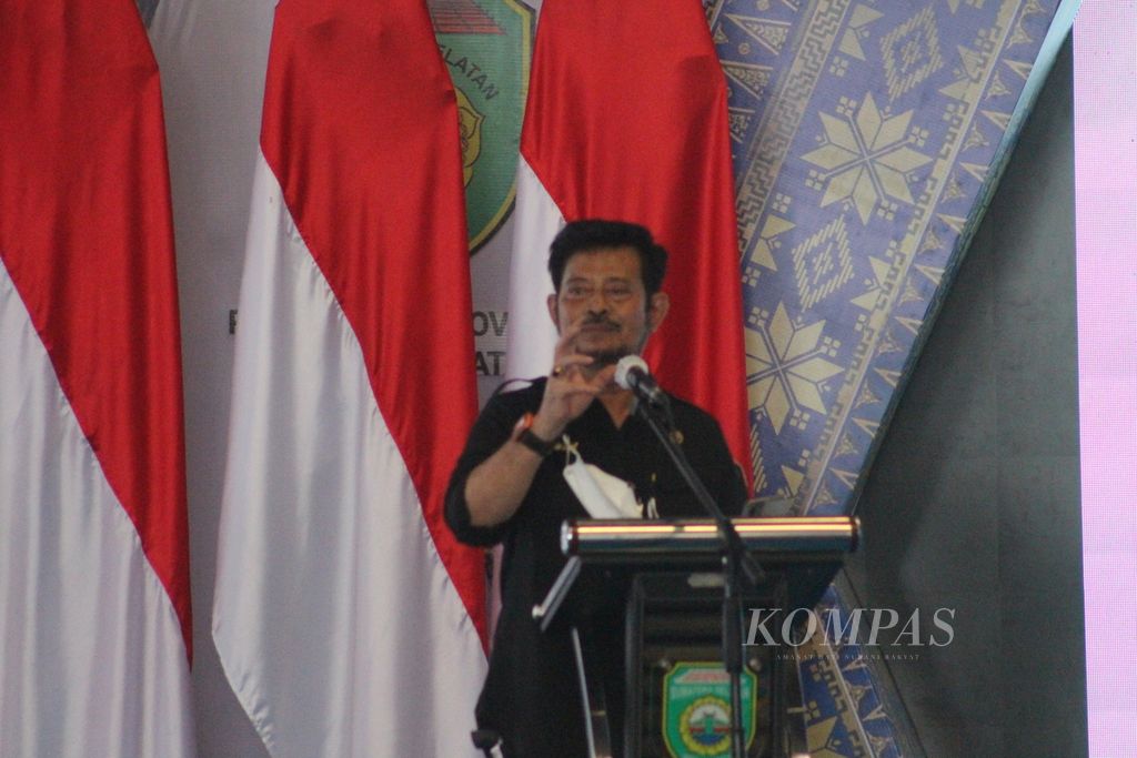 Menteri Pertanian Syahrul Yasin Limpo memberikan sambutan meresmikan program Food Estate (Lumbung Pangan) di Sumatera Selatan, Jumat (28/5/2021). Ada lima kabupaten yang menjadi tempat lumbung pangan di Sumsel.