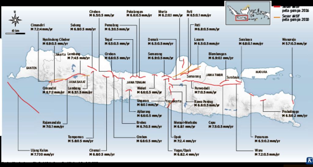 Jalur sesar Kendeng-Baribis yang melintasi kota-kota di utara Jawa. 