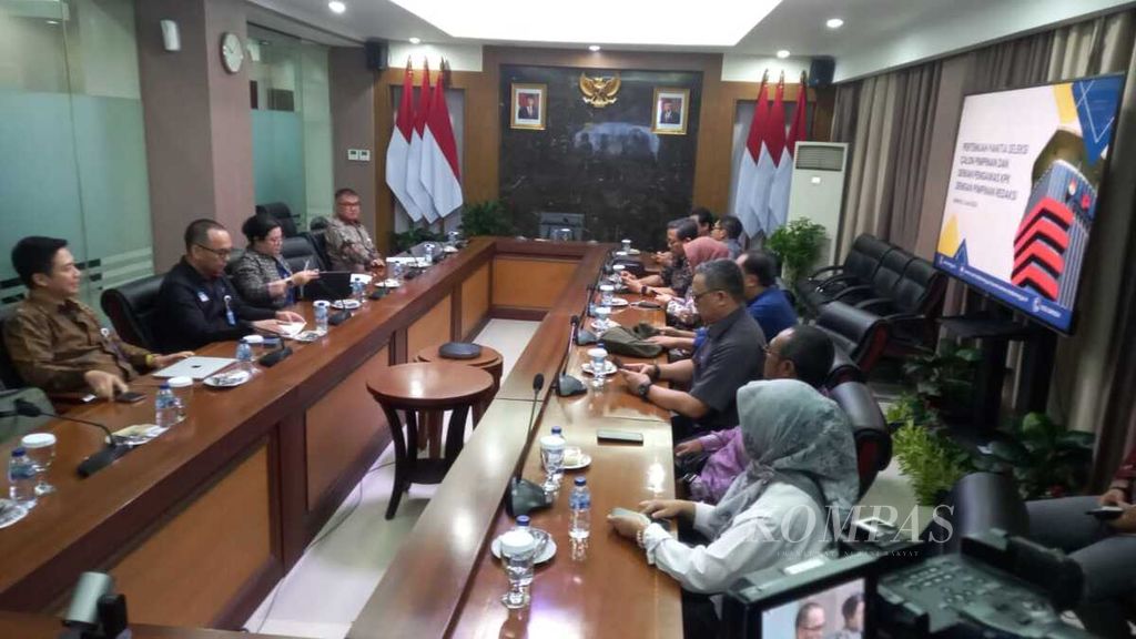 Panitia Seleksi Calon Pimpinan dan Dewan Pengawas Komisi Pemberantasan Korupsi Masa Jabatan 2024-2029 mendengarkan aspirasi dari pimpinan media di kantor Sekretariat Negara, Jakarta, Rabu (5/6/2024). 