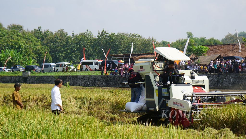 Ilustrasi. Presiden Joko Widodo menyaksikan petani memanen padi di sawahnya sewaktu meninjau program pemberian bantuan pompa air atau pompanisasi untuk pengairan sawah, di Desa Krendowahono, Kecamatan Gondangsari, Kabupaten Karanganyar, Jawa Tengah, Rabu (19/6/2024). 