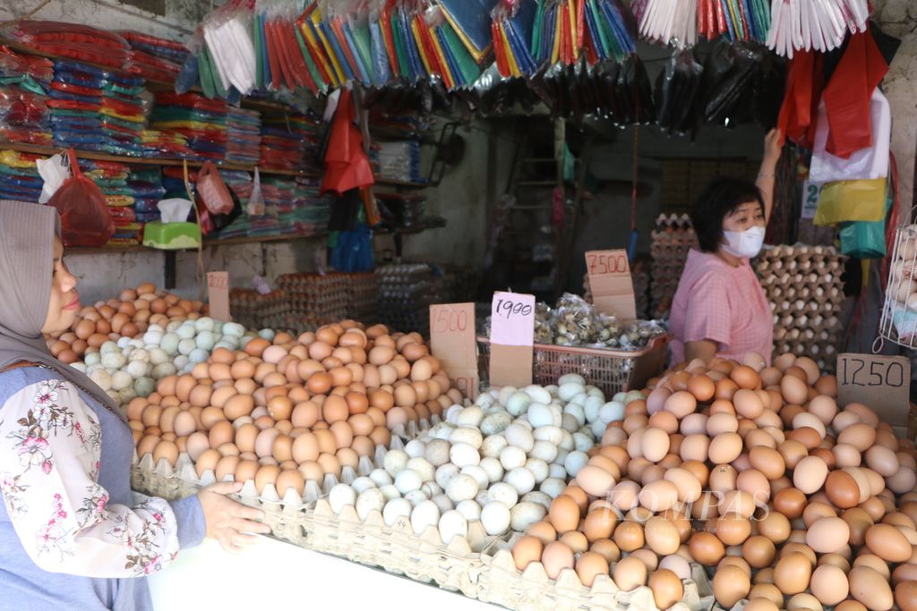 Pedagang menjual telur di Pasar Simpang Limun, Medan, Sumatera Utara, Selasa (29/3/2022). Beberapa hari menjelang Ramadhan, harga sejumlah bahan pokok naik, seperti telur, daging ayam, tepung terigu, dan minyak goreng.